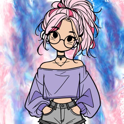 girl with a messy ponytail glasses a baggy crop top and jean shorts