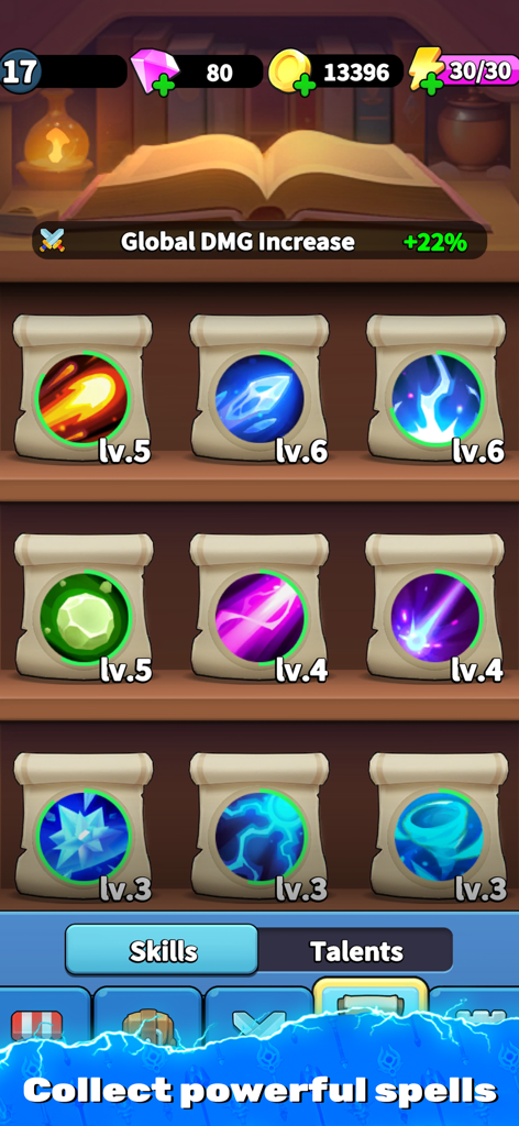 Archmagic Survivors TD - Magic spells and skills selection screen in Archmagic Survivors TD