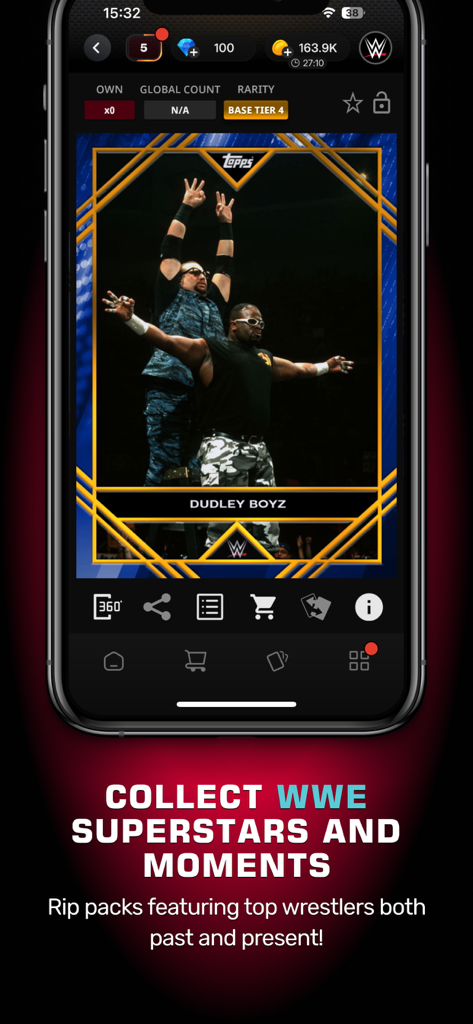 A digital trading card featuring the Dudley Boyz in the WWE SLAM by Topps mobile app interface