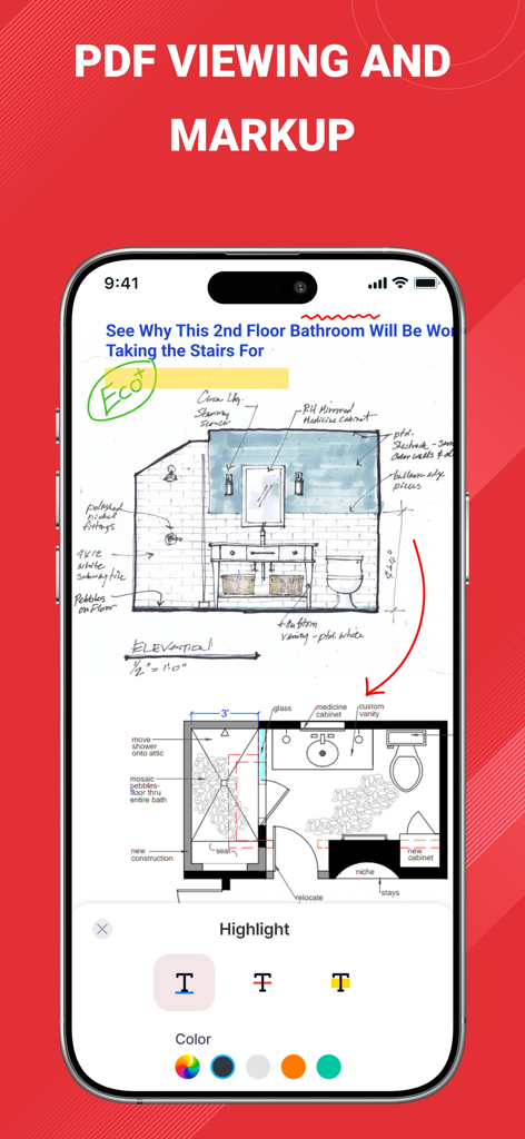 iPhone screen showing PDF viewing and markup tools used on an architectural blueprint