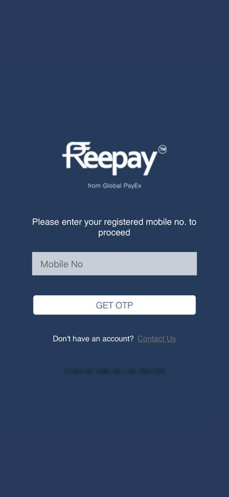 FreePay mobile App-Anmeldebildschirm mit Eingabe der Mobilnummer und Schaltfläche zur Anforderung eines OTP.