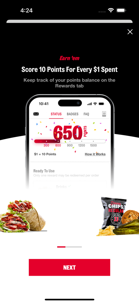 Jimmy Johns App-Prämienscreen, der den Punktestand und die Verdienstdetails anzeigt