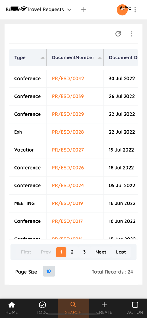 Liste der Geschäftsreiseanfragen in der SpectroNova Mobile App mit Dokumentennummern und Daten.