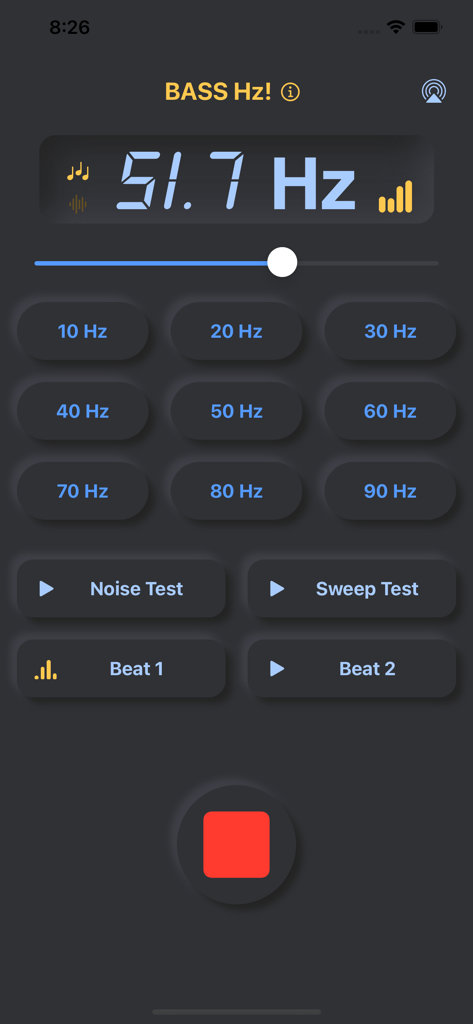 BASS Hz app interface showing a 51.7 Hz frequency generator with sweep and noise test buttons on a dark UI.