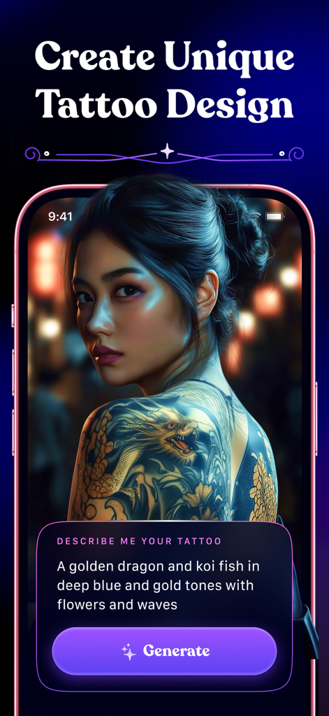 Tattoo Guru - AI Art Generator - Interface of the Tattoo Guru app showing an AI-generated golden dragon and koi fish tattoo design on a woman's shoulder based on a text prompt