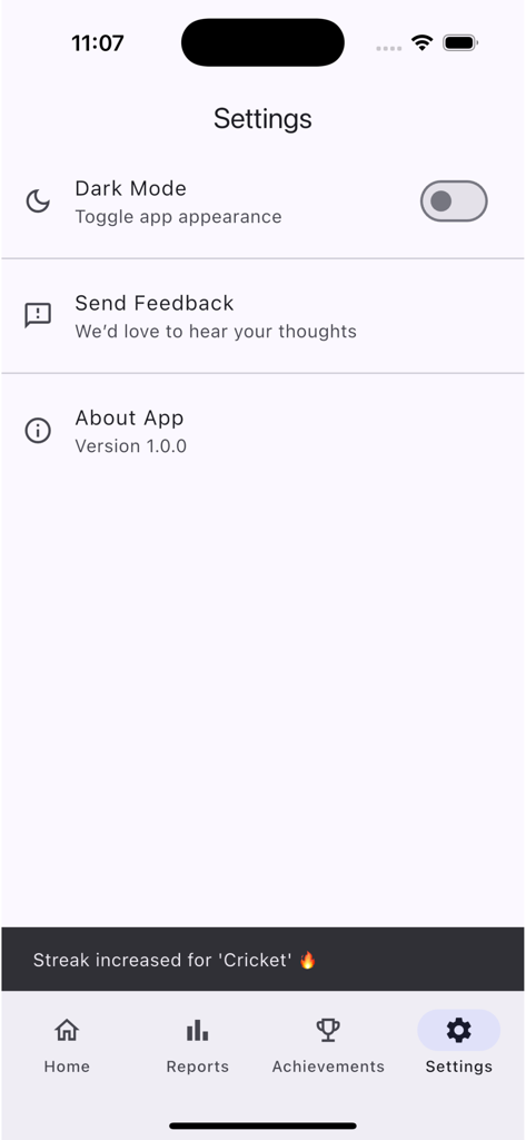 La pantalla de configuración de la aplicación rastreadora de hábitos StreakUp que muestra opciones para el modo oscuro y comentarios