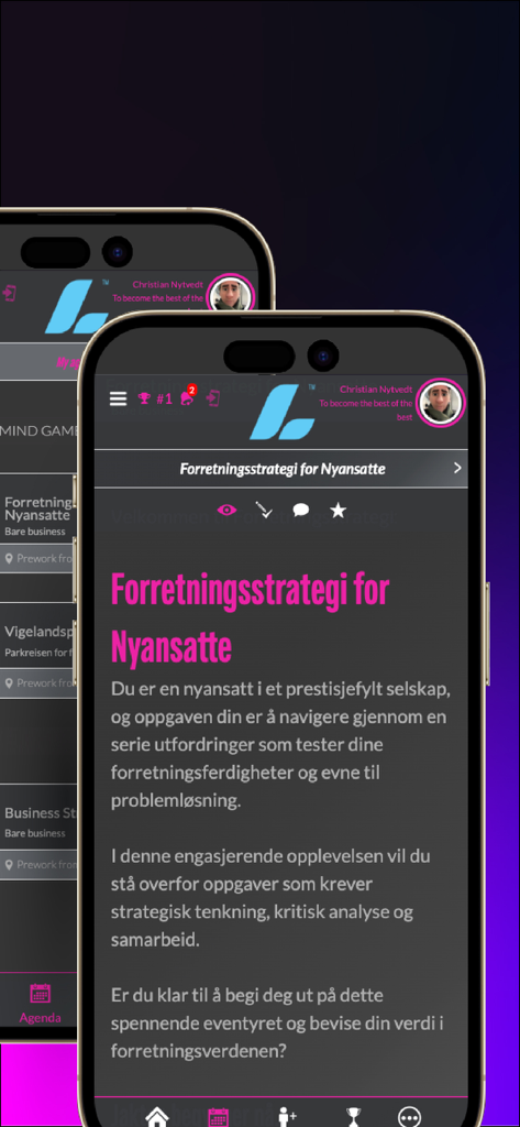 Experience live - Pantalla de smartphone que muestra la aplicación Experience live con capacitación en estrategia empresarial para nuevos empleados.