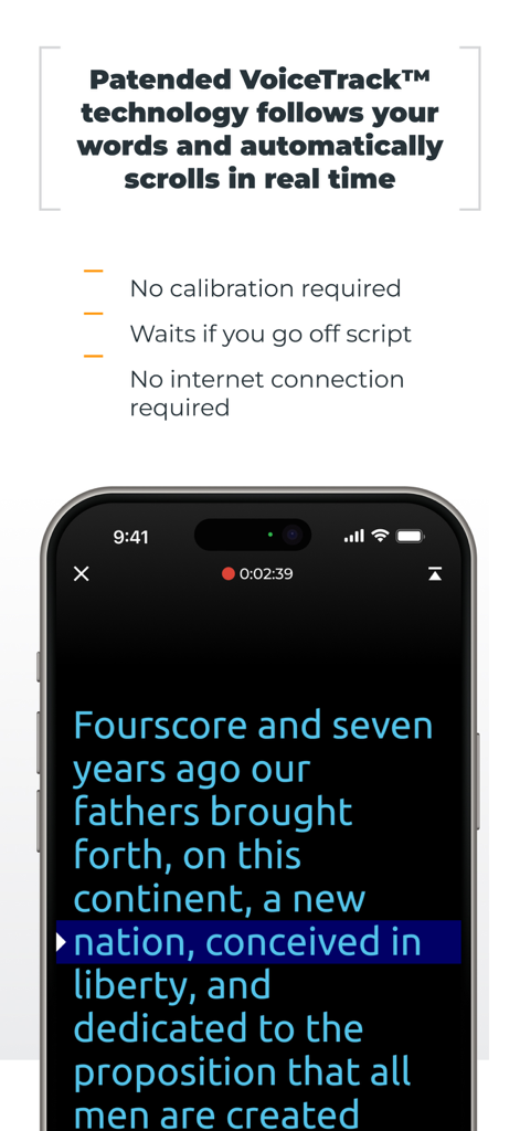 PromptSmart Pro - Teleprompter - iPhone screen displaying the PromptSmart Pro teleprompter app with VoiceTrack technology automatically scrolling text