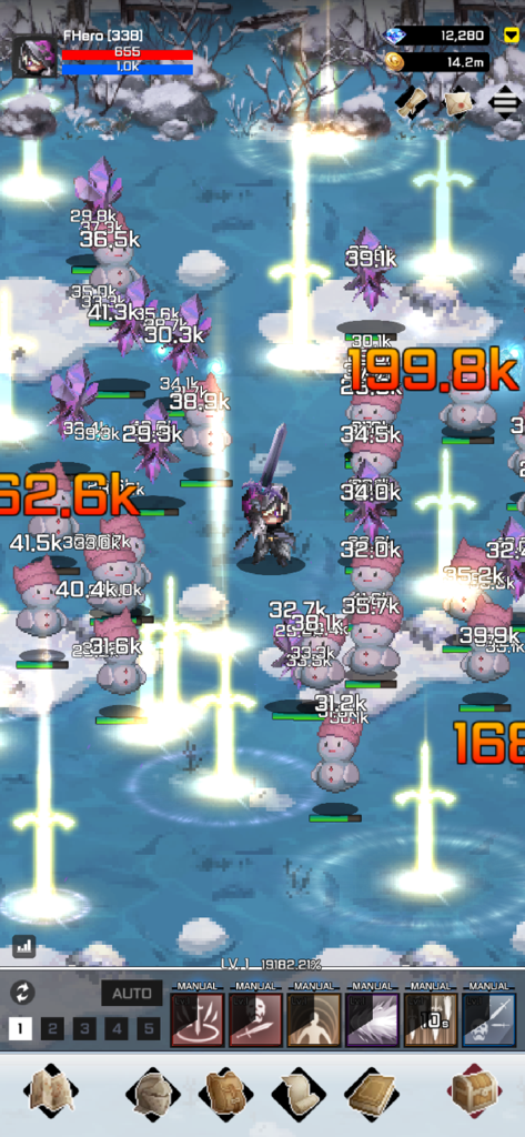 F Class Adventurer: AFK RPG - 冒険者キャラクターが雪景色の中で、画面いっぱいのモンスターを一掃する強力な範囲攻撃スキルを使用している
