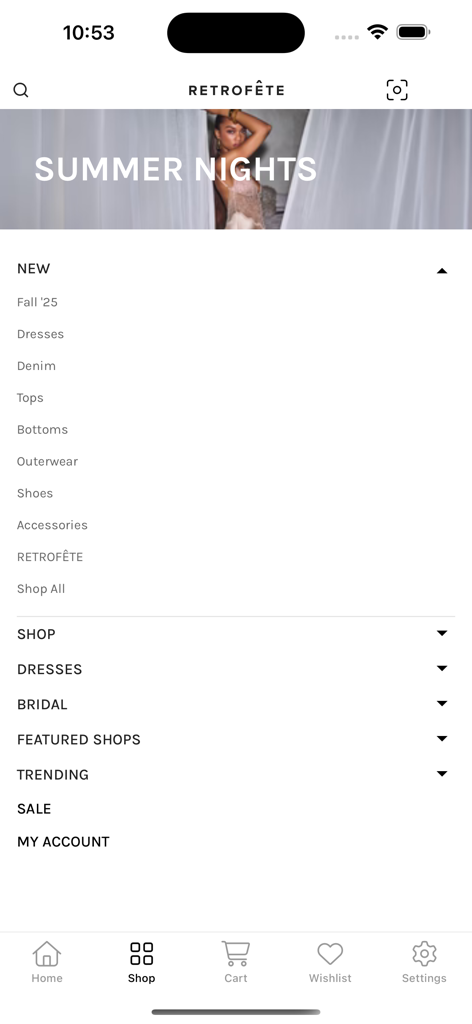 Navigation menu of the Retrofete shopping app featuring categories like New Arrivals, Dresses, and Bridal under a Summer Nights banner.