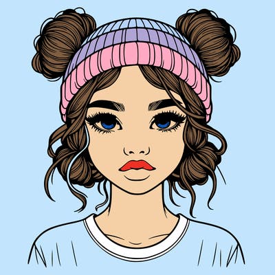 realistic girl with buns in her hair with a beanie on