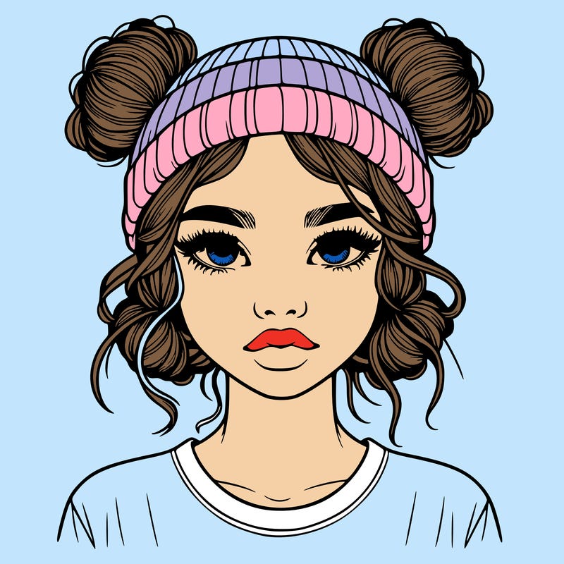 realistic girl with buns in her hair with a beanie on