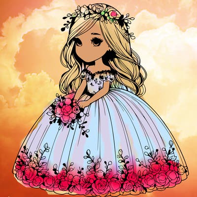 realistic girl in ball gown with flowers