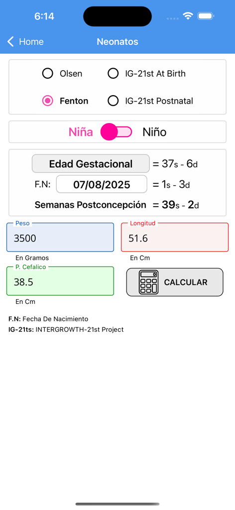 OMS AnthroP - OMS AnthroP neonatal growth calculator interface for gestational age and weight calculations
