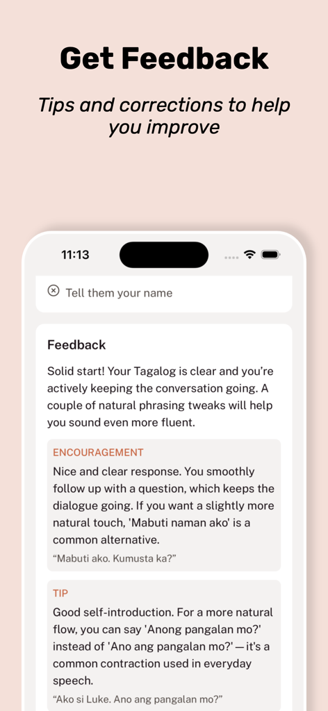 Tahanan app interface showing personalized feedback and natural phrasing tips for Tagalog conversation