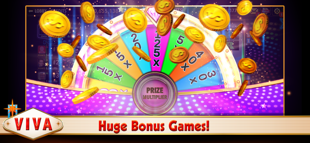 Roue de multiplicateur de prix colorée dans Viva Slots Vegas avec des pièces d'or volantes et une bannière d'énormes jeux bonus.