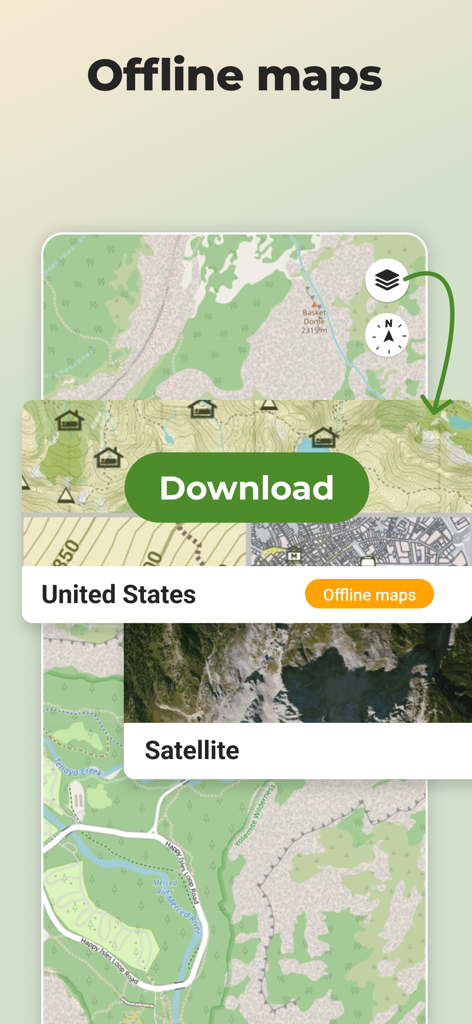 Wikiloc app interface showing offline topographic and satellite maps for navigation