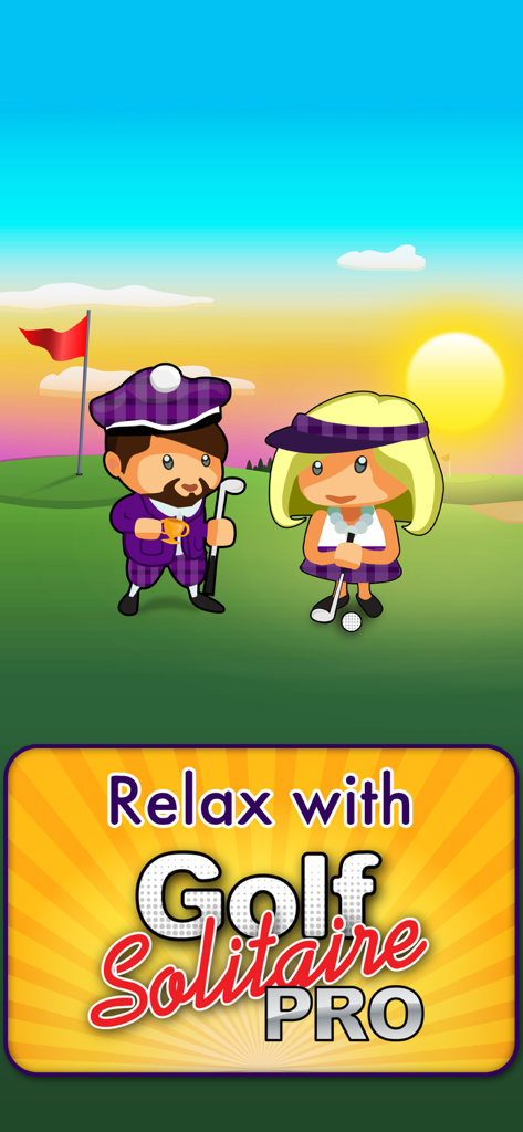 Two cartoon characters in golf attire on a green at sunset with the text Relax with Golf Solitaire Pro