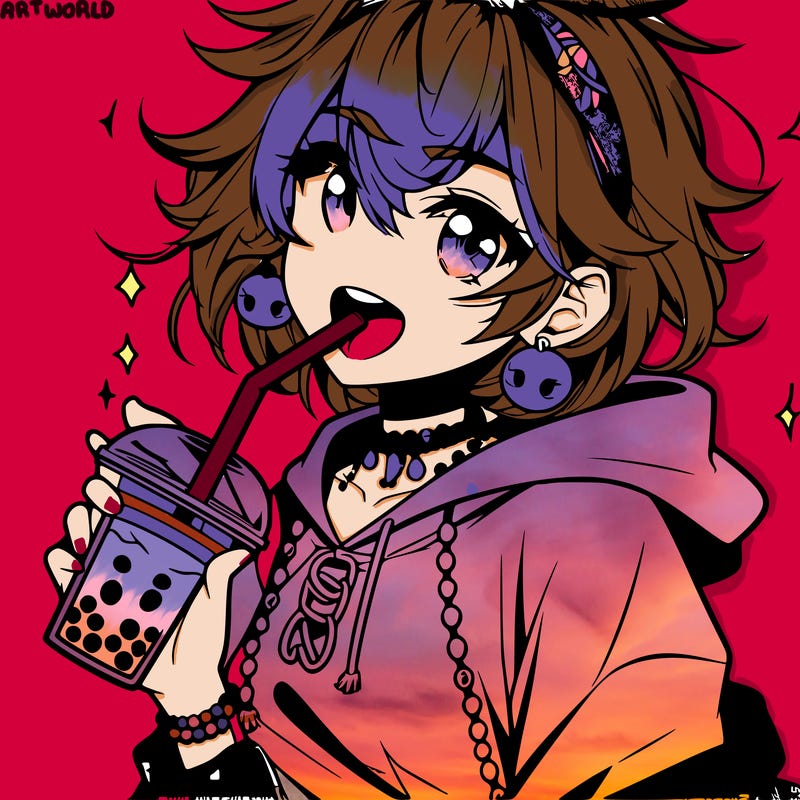 hot baddie anime girl drinking boba and biting the straw