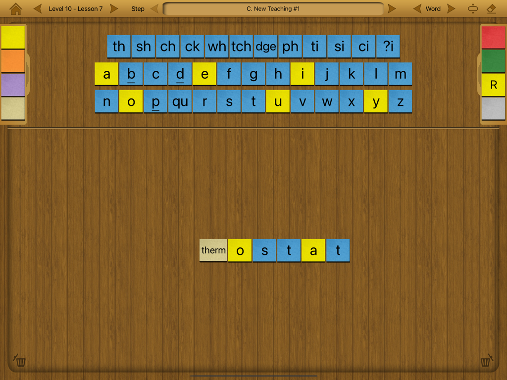 Barton Tiles® - Digital letter tiles on a wooden background forming the word thermostat for a dyslexia reading lesson.