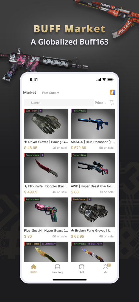Uma interface móvel do aplicativo BUFF Market exibindo várias skins do Counter-Strike 2, como facas e luvas, à venda com seus preços em USD.
