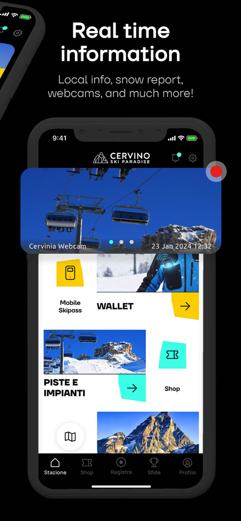 Interfaccia dell'app mobile Cervino Ski che visualizza informazioni sul resort in tempo reale, comprese webcam e portafoglio digitale per skipass