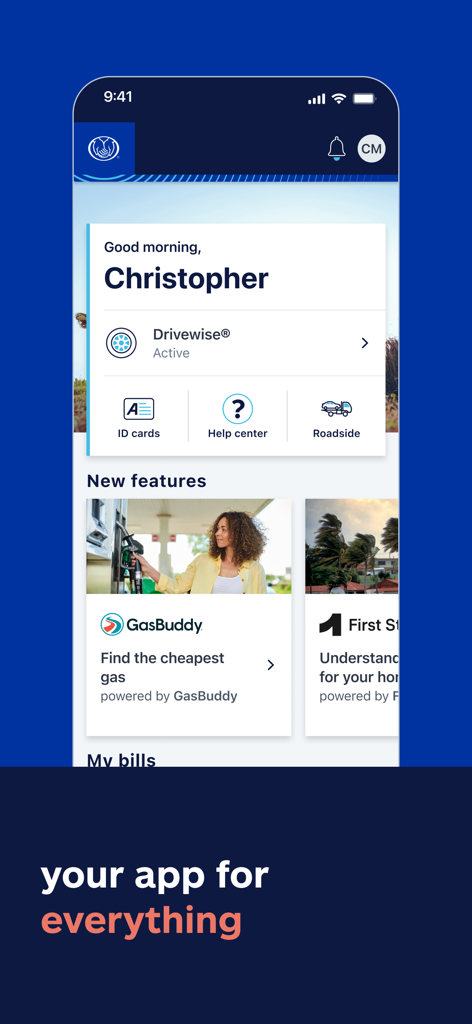 Allstate® Mobile - Screenshot of the Allstate Mobile app home screen showing insurance features like ID cards and GasBuddy gas price finder