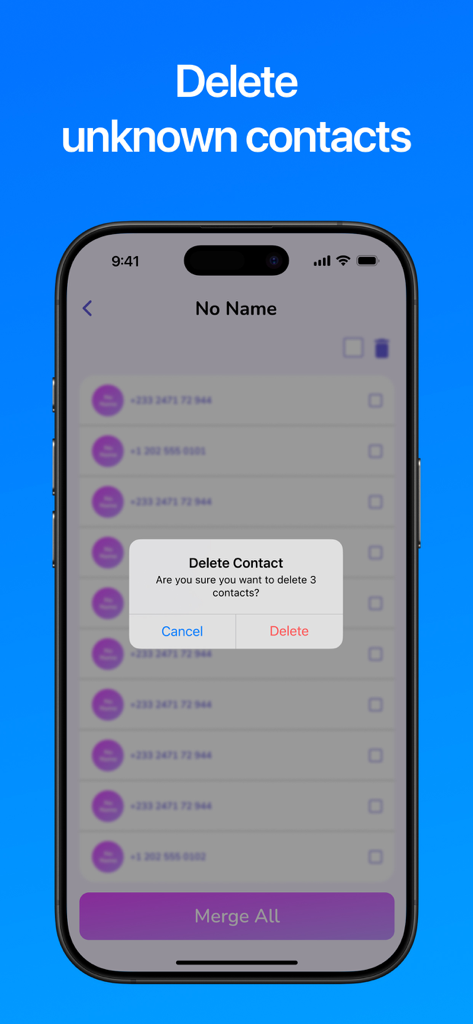 Contacts Backup and Transfer⁺ - Interfaz de la aplicación Contacts Backup and Transfer mostrando una ventana emergente de confirmación para eliminar contactos desconocidos de una lista.