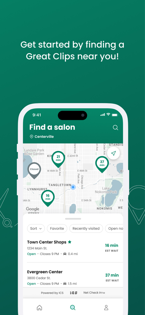 Great Clips Online Check-in - Great Clips app showing a map of nearby salons with live estimated wait times and distance