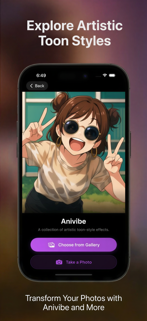 Toon App: Cartoon Photo Editor - Interfaz de Toon App mostrando el filtro artístico de anime Anivibe con una ilustración de personaje de dibujos animados y botones para subir fotos.