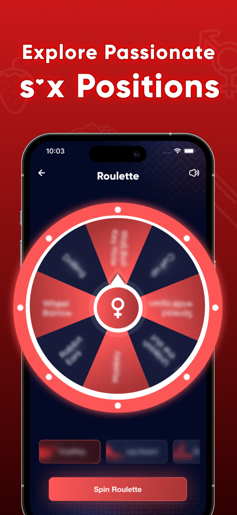 Interface de um aplicativo móvel mostrando uma roda de roleta sensual vermelha brilhante para casais descobrirem posições passionais