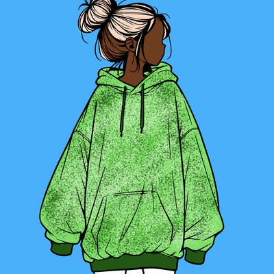 realistic girl with a oversized sweatshirt on and a bun