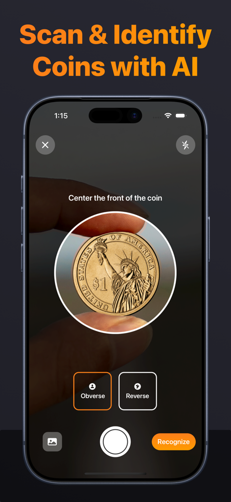 Coin Identifier AI - CoinPal - Scanning a US dollar coin using the CoinPal AI identification feature