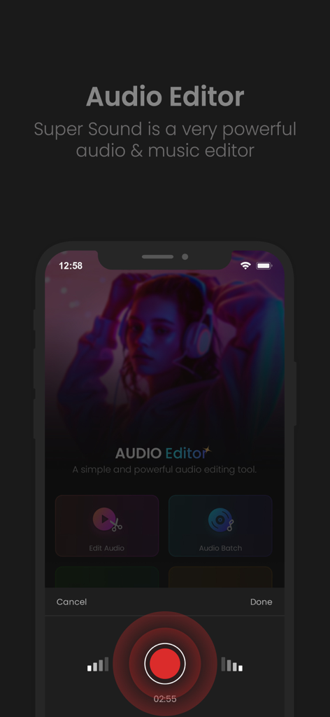 Pantalla de inicio de la aplicación móvil AudioLab mostrando funciones de edición de audio y una interfaz de grabación profesional