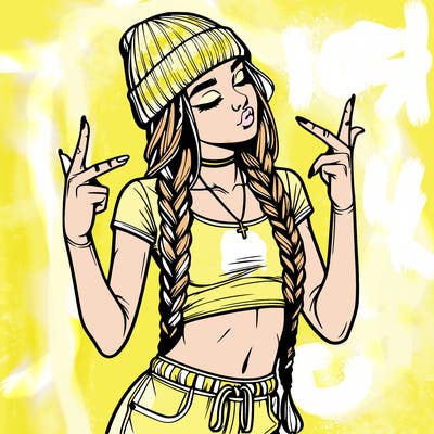 realistic teenage girl with braids and a beanie and crop top doing 🫶🏼