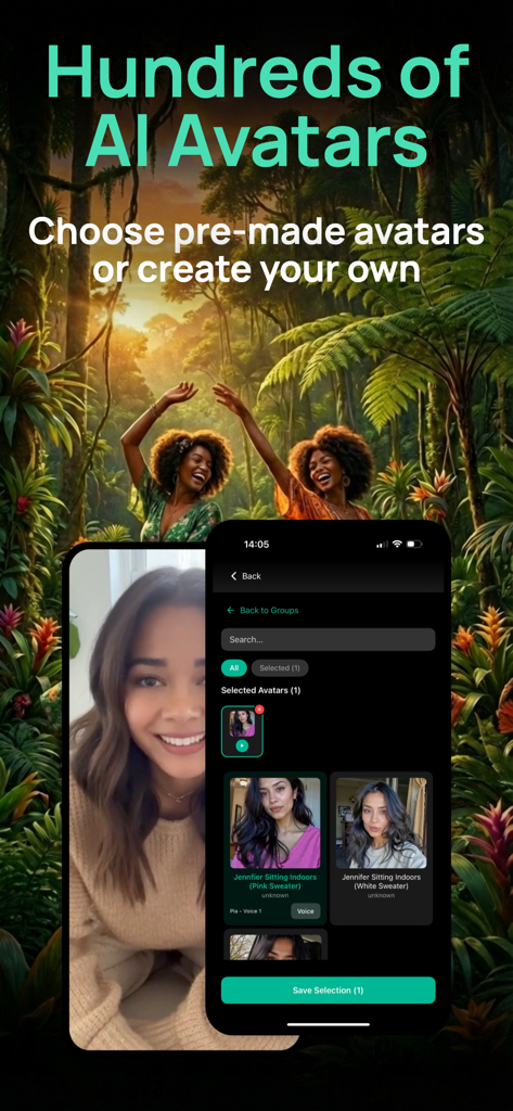 Mobile app interface of Lemon Vid AI showing a library of lifelike AI avatars for social media video creation.