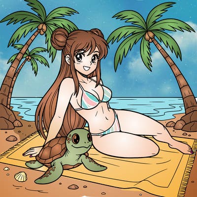 woman in no pattern bikini long hair and space buns relaxing on a tropical beach