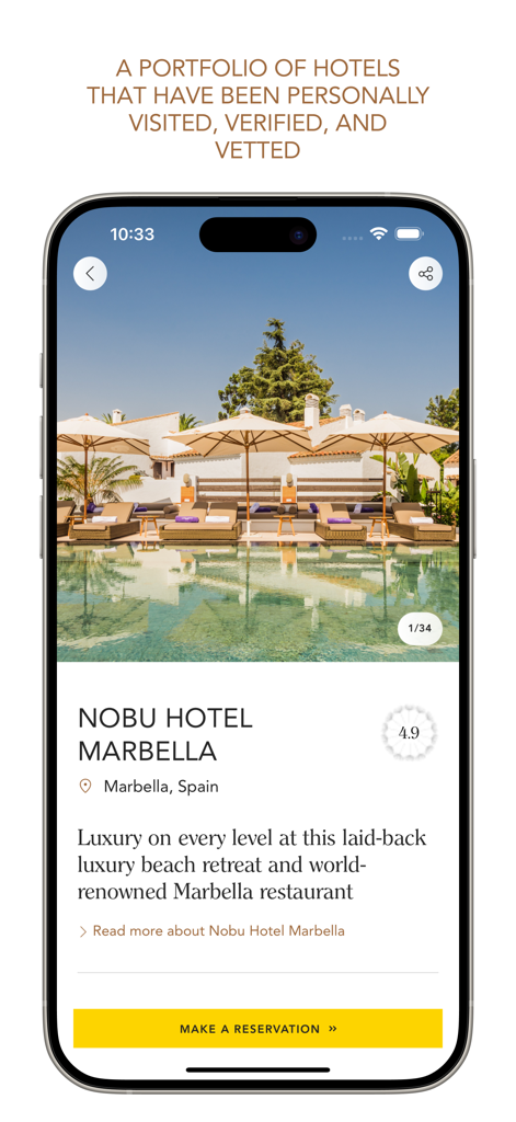 Small Luxury Hotels - A smartphone screen displaying the Nobu Hotel Marbella details page on the Small Luxury Hotels app featuring a luxury swimming pool view and reservation button