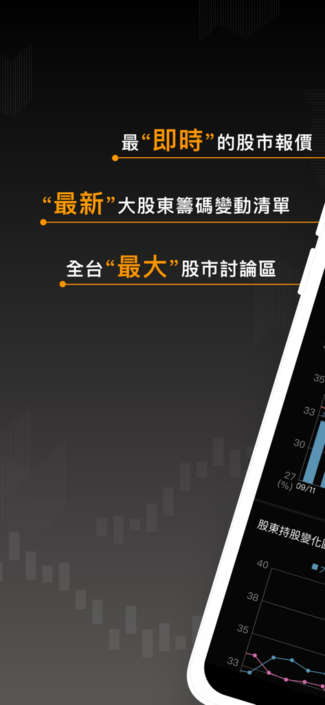 Interface of the Stock Market Chip K-Line app showcasing real-time quotes and major shareholder tracking features