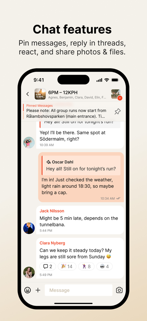 Supertext Messenger - Interface of Supertext Messenger showing group chat features like pinned messages and threaded replies