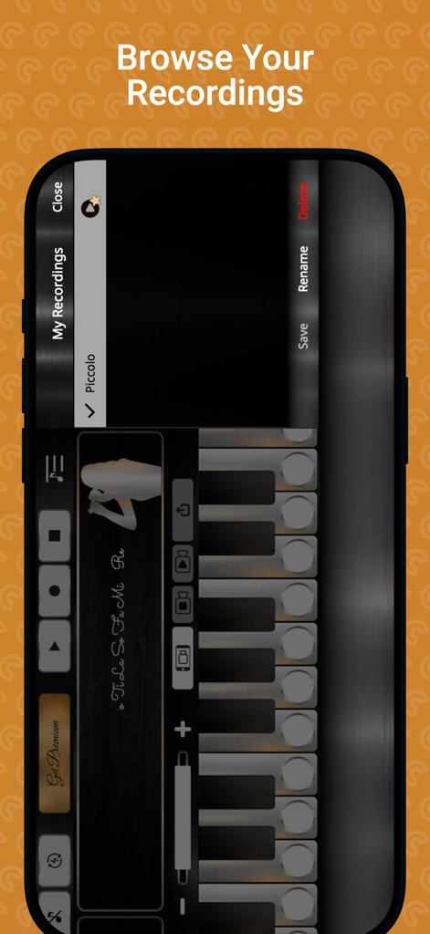 Piccolo Sim - Oberfläche der Piccolo Sim App, die die Aufnahmebibliothek und virtuelle Tasten zeigt
