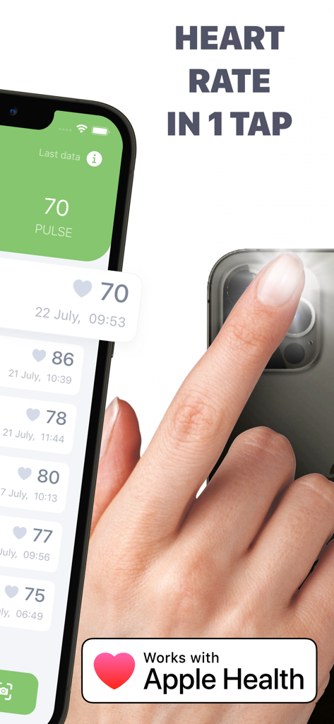 Blood Pressure App: Log Diary - A person using an iPhone camera to measure their heart rate with the Blood Pressure App Log Diary integrated with Apple Health.