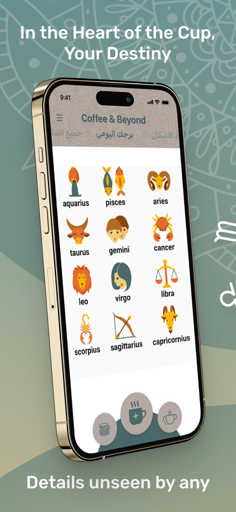 Zodiac signs selection screen in the Coffee and Beyond app