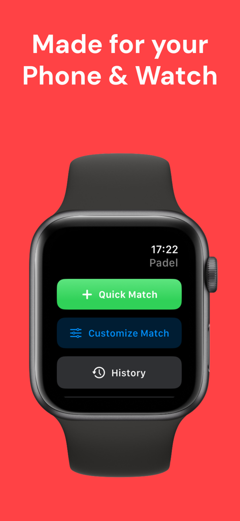 Padel Scoreboard: Track Easily - Apple Watch display showing the Padel Scoreboard app menu with quick match and history options