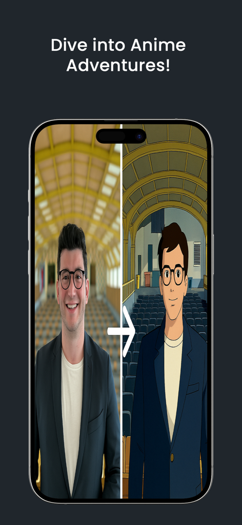 Beleza Magic - A side-by-side comparison showing a real photo of a man being transformed into an anime-style character.