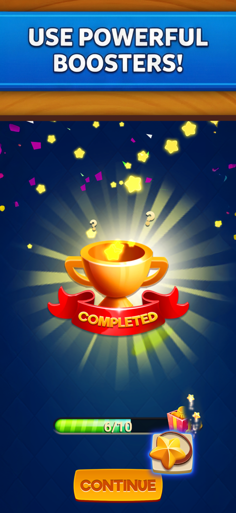 Word Seekers - Achievement screen in Word Seekers showing a golden trophy and powerful boosters prompt.