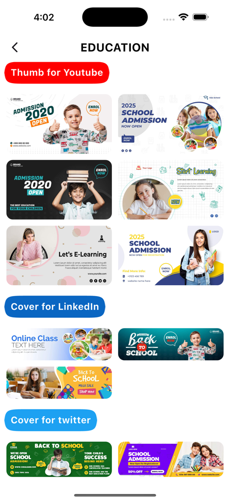 Flyer Maker & Poster Creator - 教育カテゴリ。YouTubeサムネイル、LinkedInカバー、Twitterバナー向けのテンプレートを表示