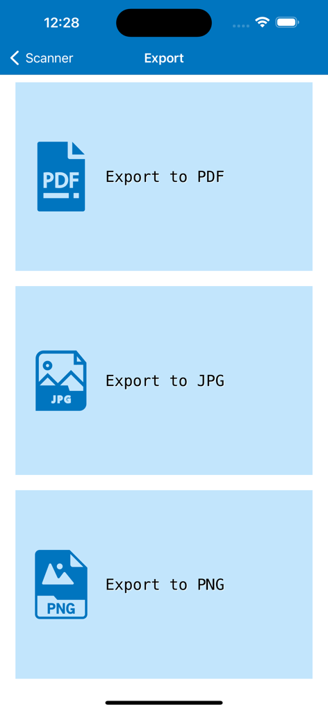Mobile PDF Scanner – Scan Docs - Tela de exportação do aplicativo Scanner PDF Móvel com opções PDF JPG e PNG