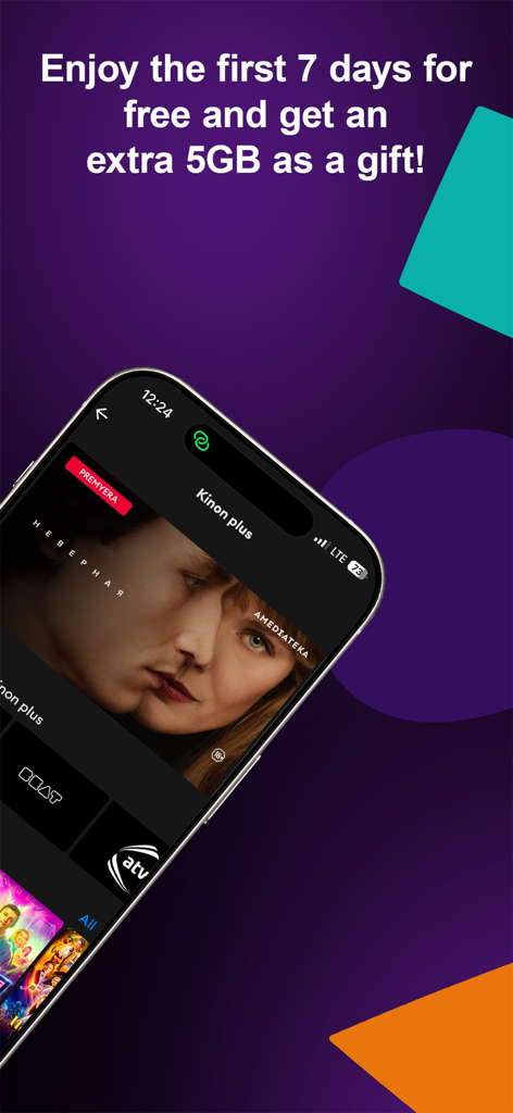 Kinon - Écran promotionnel de l'application Kinon annonçant un essai gratuit de 7 jours et un cadeau de 5 Go de données.