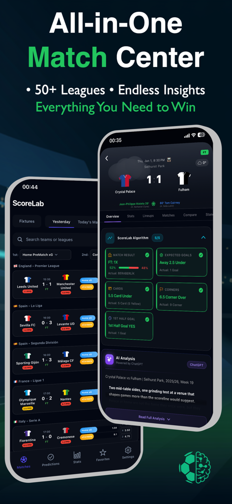 ScoreLab: Soccer Predictions - Interfaz de la aplicación móvil ScoreLab que muestra resultados de fútbol en vivo y análisis de partidos con IA y predicciones basadas en datos